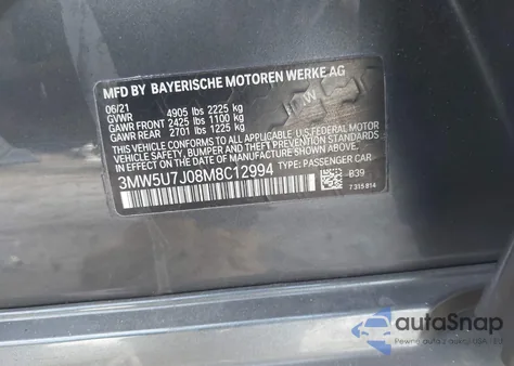 2021 BMW 3 Series M340I z USA, uszkodzony, nr VIN 3MW5U7J08M8C12994